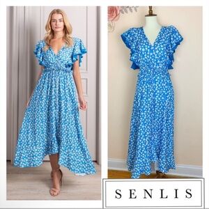 New! SENLIS Amalie Blue Floral Ruffle Midi Dress with Open Back